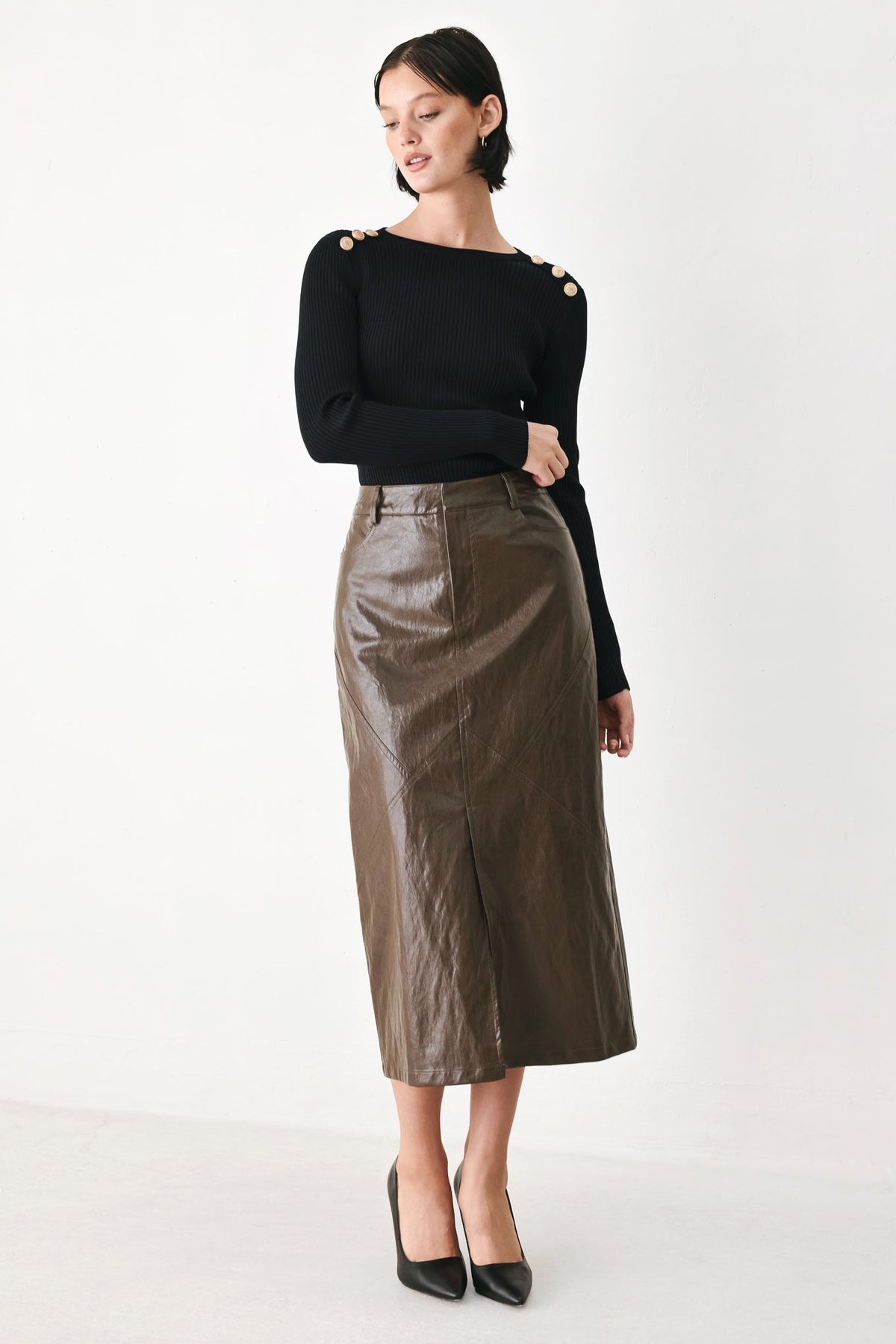 STONE LEATHER COLUMN FAUX LEATHER PENCIL SKIRT - Glamourous Grace