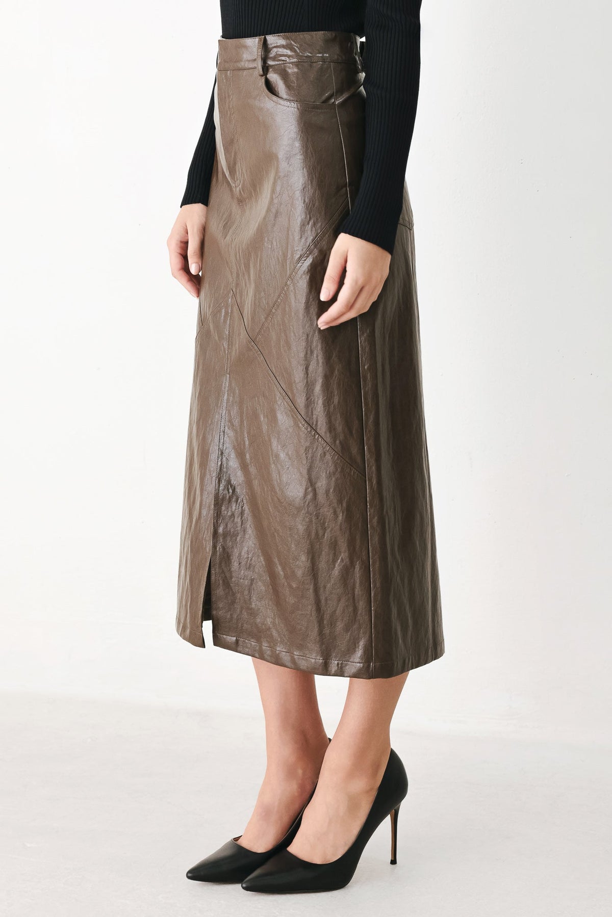 STONE LEATHER COLUMN FAUX LEATHER PENCIL SKIRT - Glamourous Grace