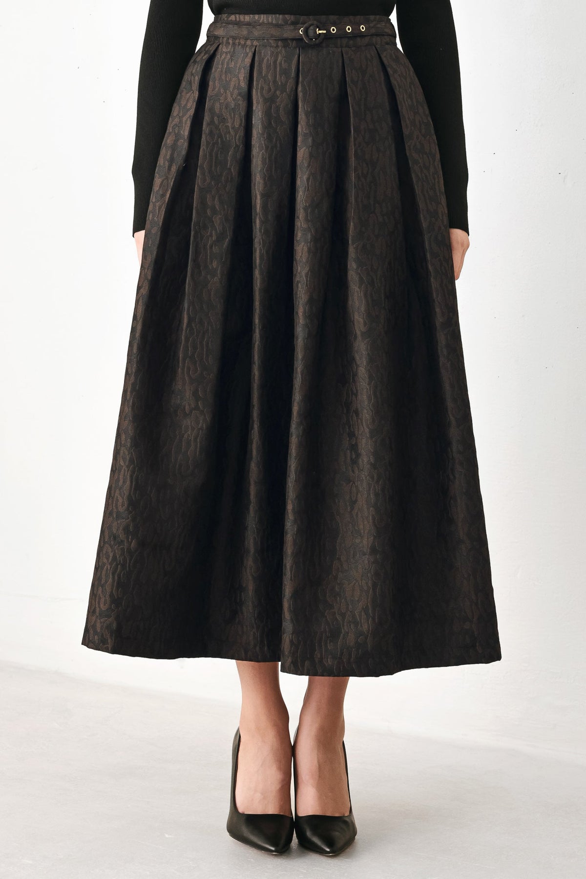 AUTUMN ELEGANCE BROWN TEXTURED BELTED MIDI SKIRT - Glamourous Grace