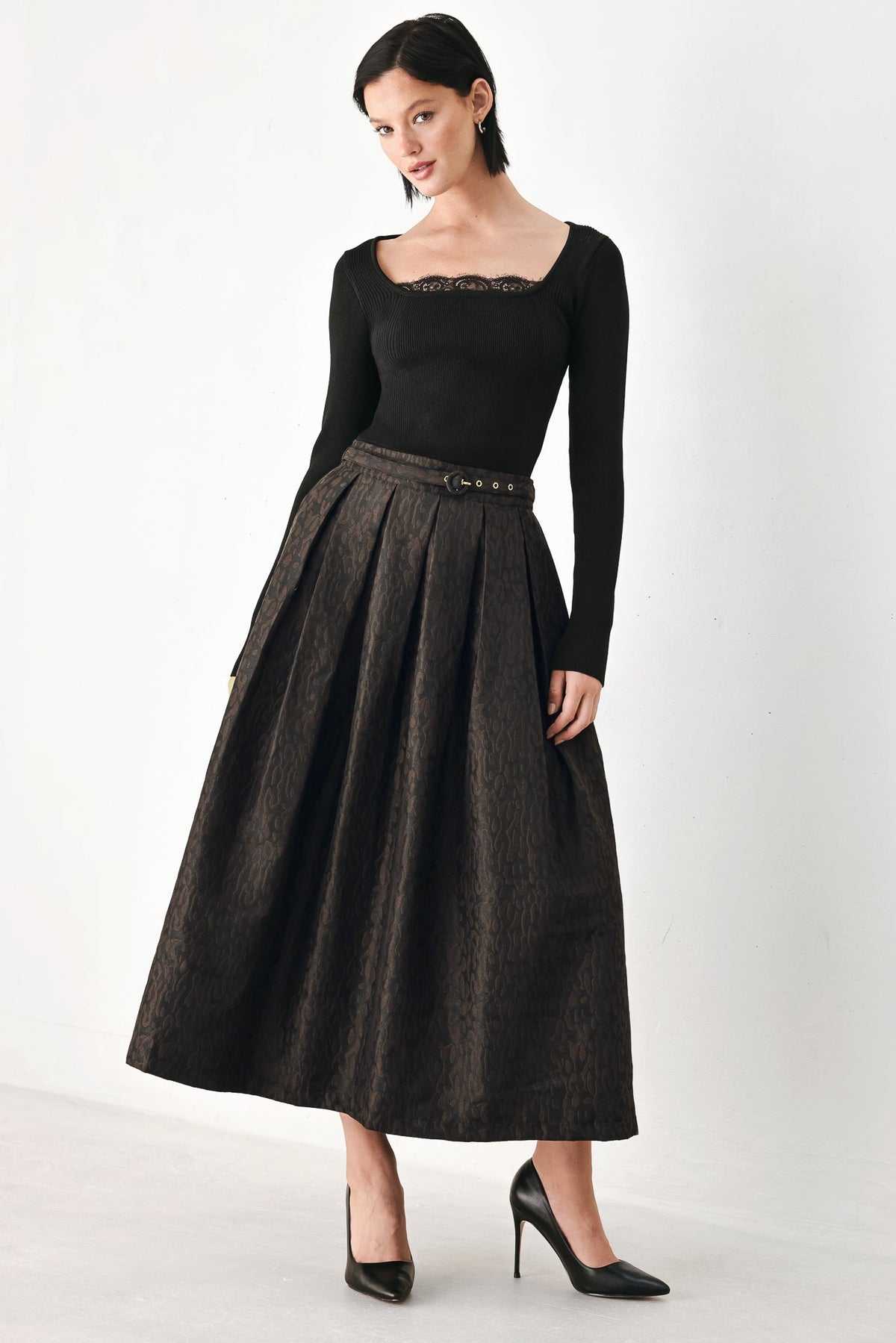 AUTUMN ELEGANCE BROWN TEXTURED BELTED MIDI SKIRT - Glamourous Grace