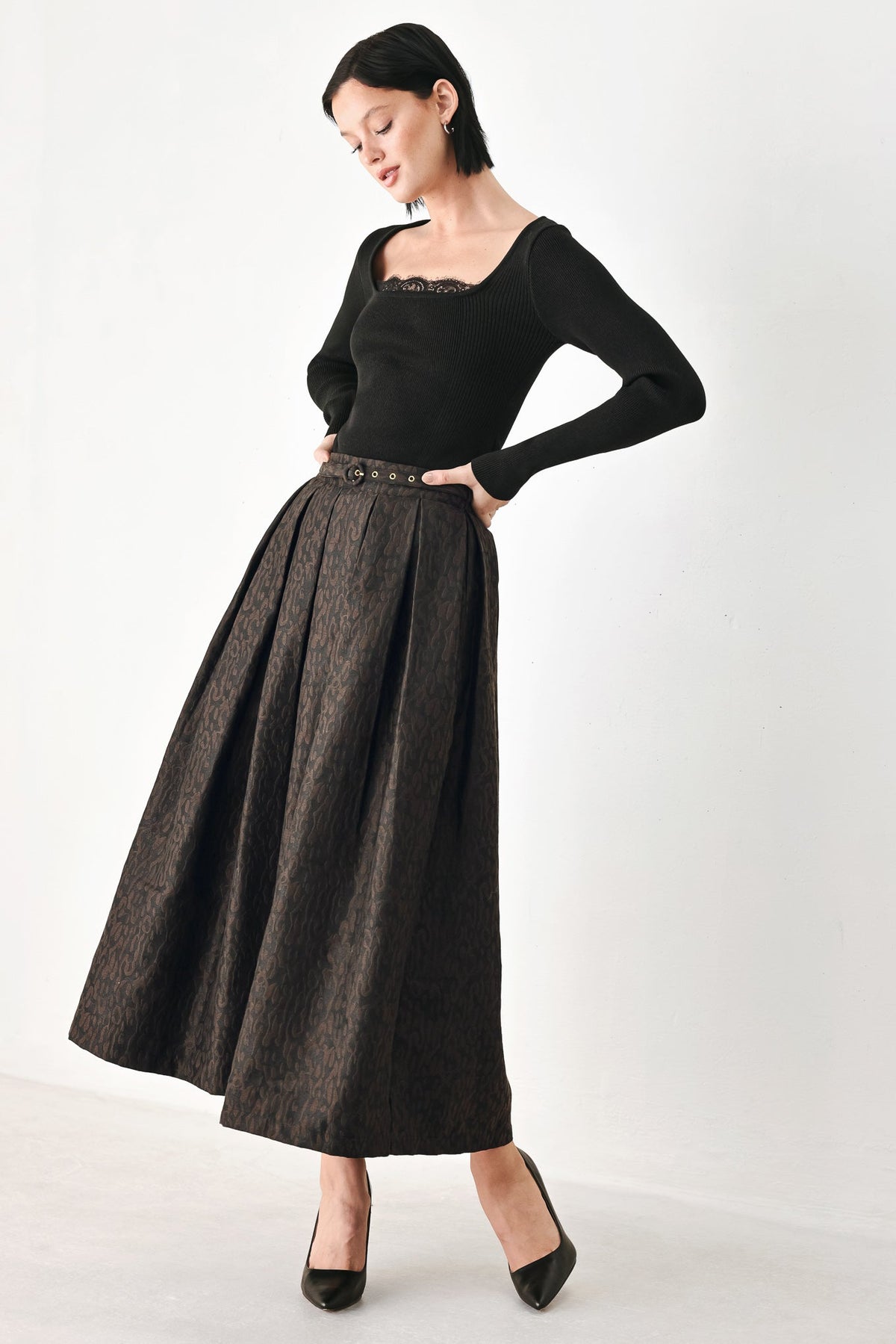 AUTUMN ELEGANCE BROWN TEXTURED BELTED MIDI SKIRT - Glamourous Grace