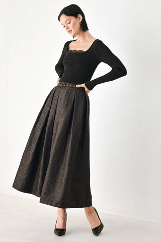 AUTUMN ELEGANCE BROWN TEXTURED BELTED MIDI SKIRT