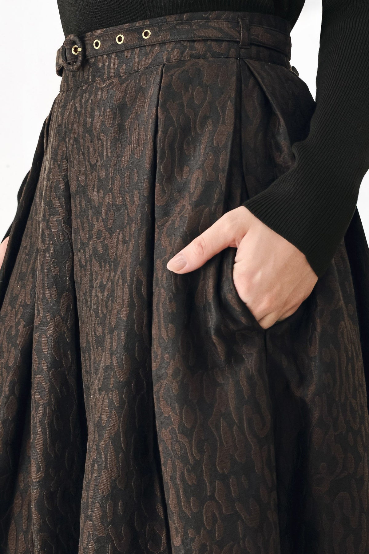 AUTUMN ELEGANCE BROWN TEXTURED BELTED MIDI SKIRT - Glamourous Grace