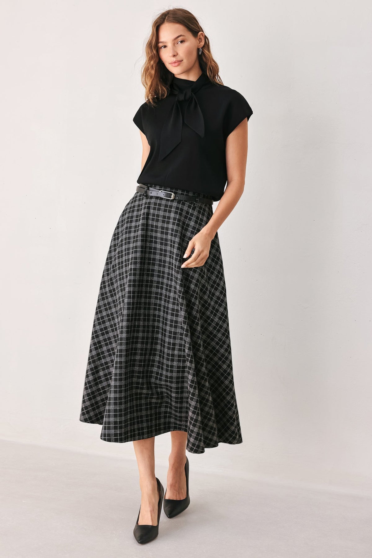 MONOCHROME CHECK FULL-SWEEP MIDI SKIRT - Glamourous Grace
