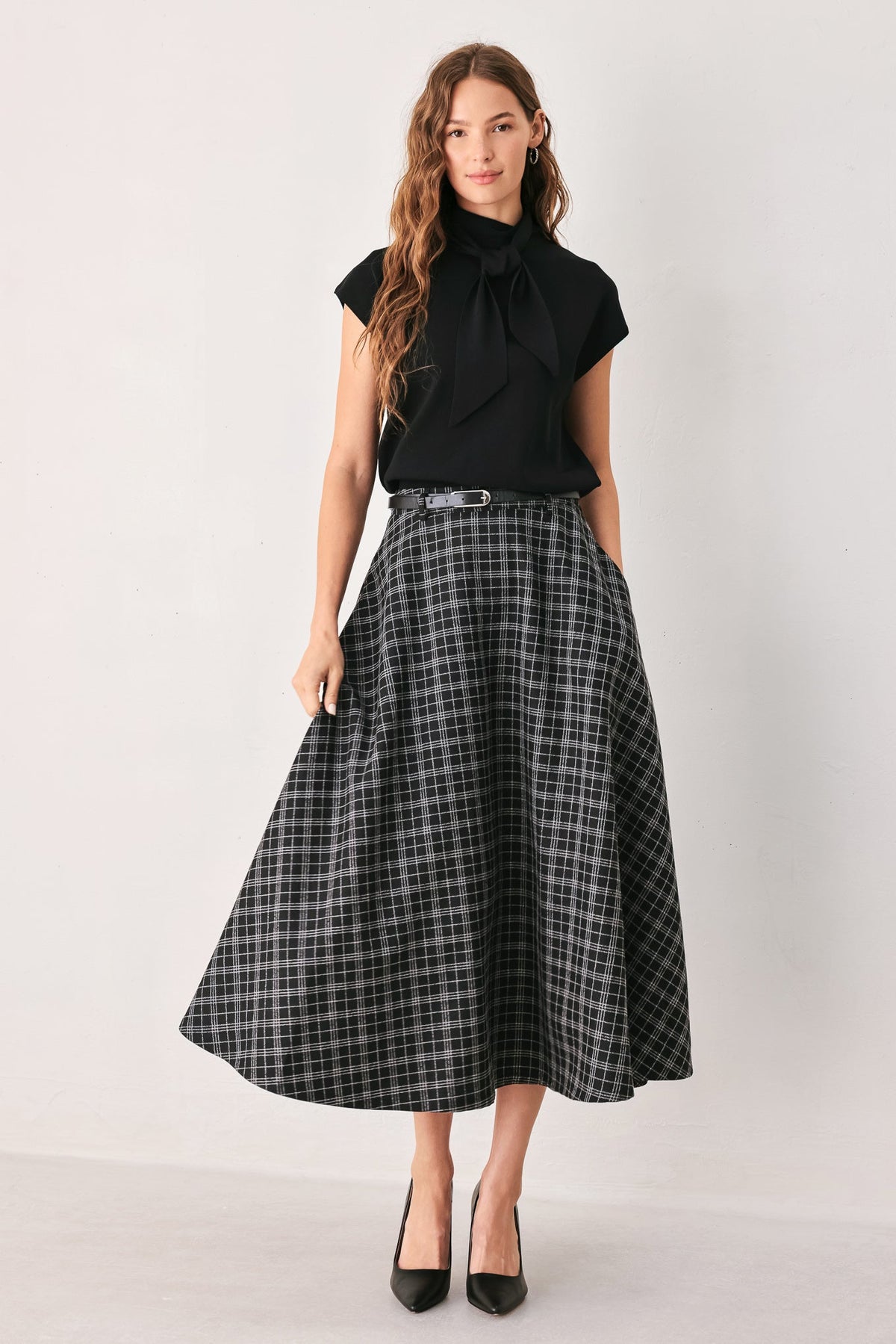 MONOCHROME CHECK FULL-SWEEP MIDI SKIRT - Glamourous Grace