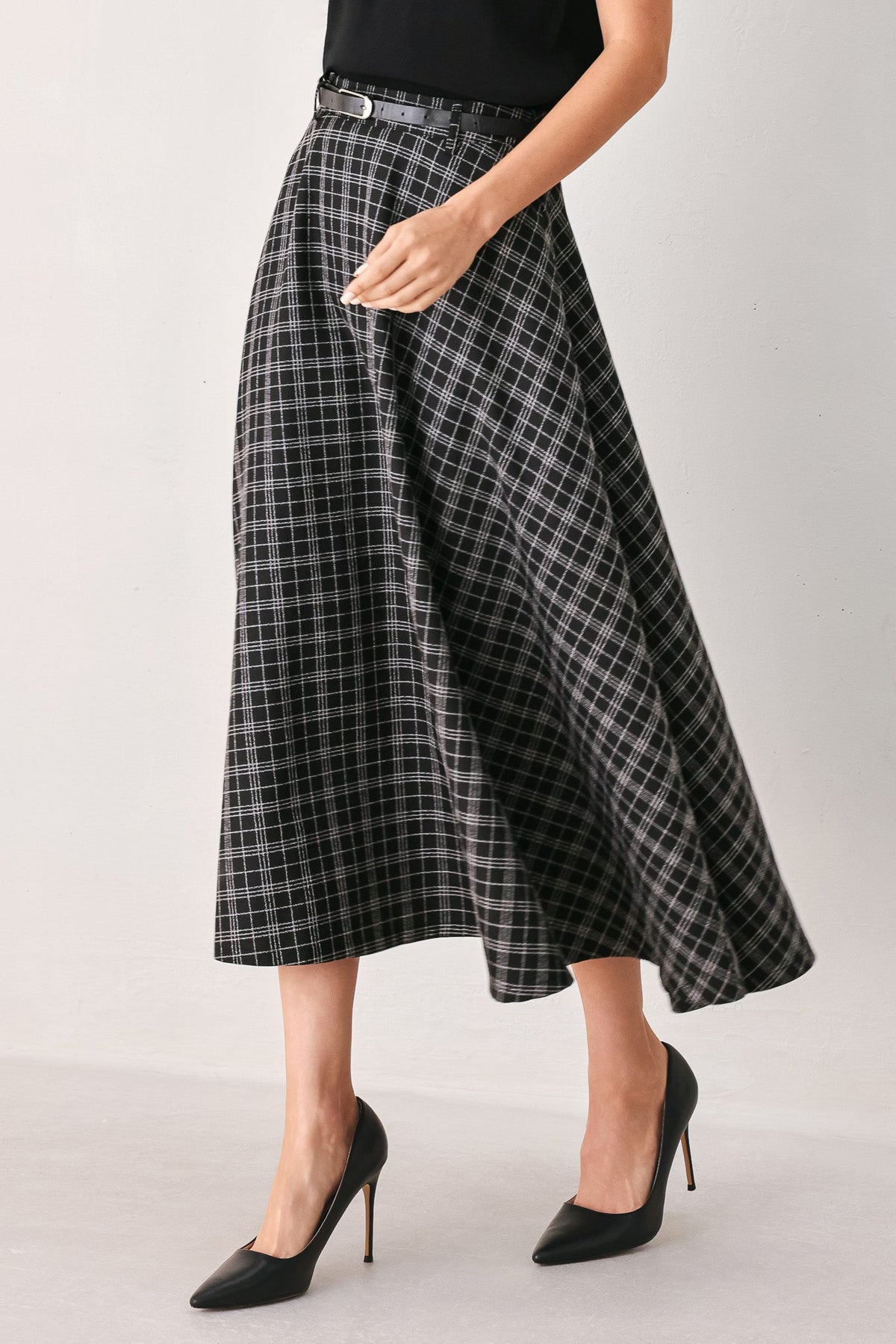 MONOCHROME CHECK FULL-SWEEP MIDI SKIRT - Glamourous Grace