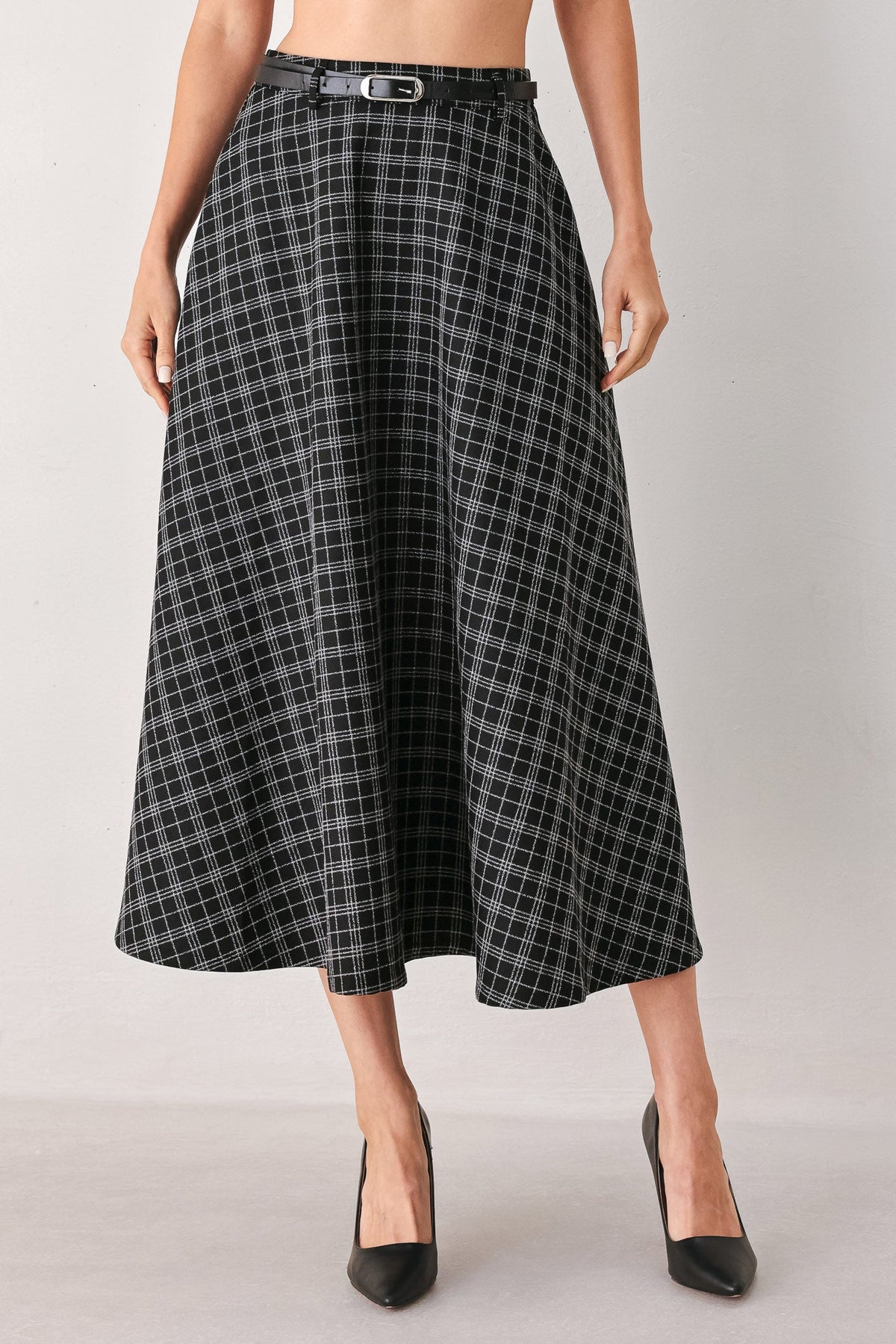 MONOCHROME CHECK FULL-SWEEP MIDI SKIRT - Glamourous Grace
