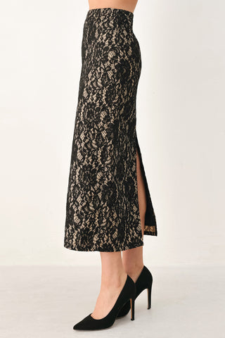 LACE THEORY BLACK LACE PENCIL MIDI SKIRT