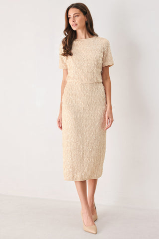 CHAMPAGNE WHISPER SEQUIN EYELASH MESH PENCIL SKIRT