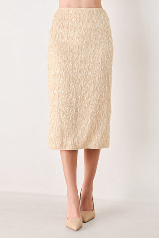 CHAMPAGNE WHISPER SEQUIN EYELASH MESH PENCIL SKIRT