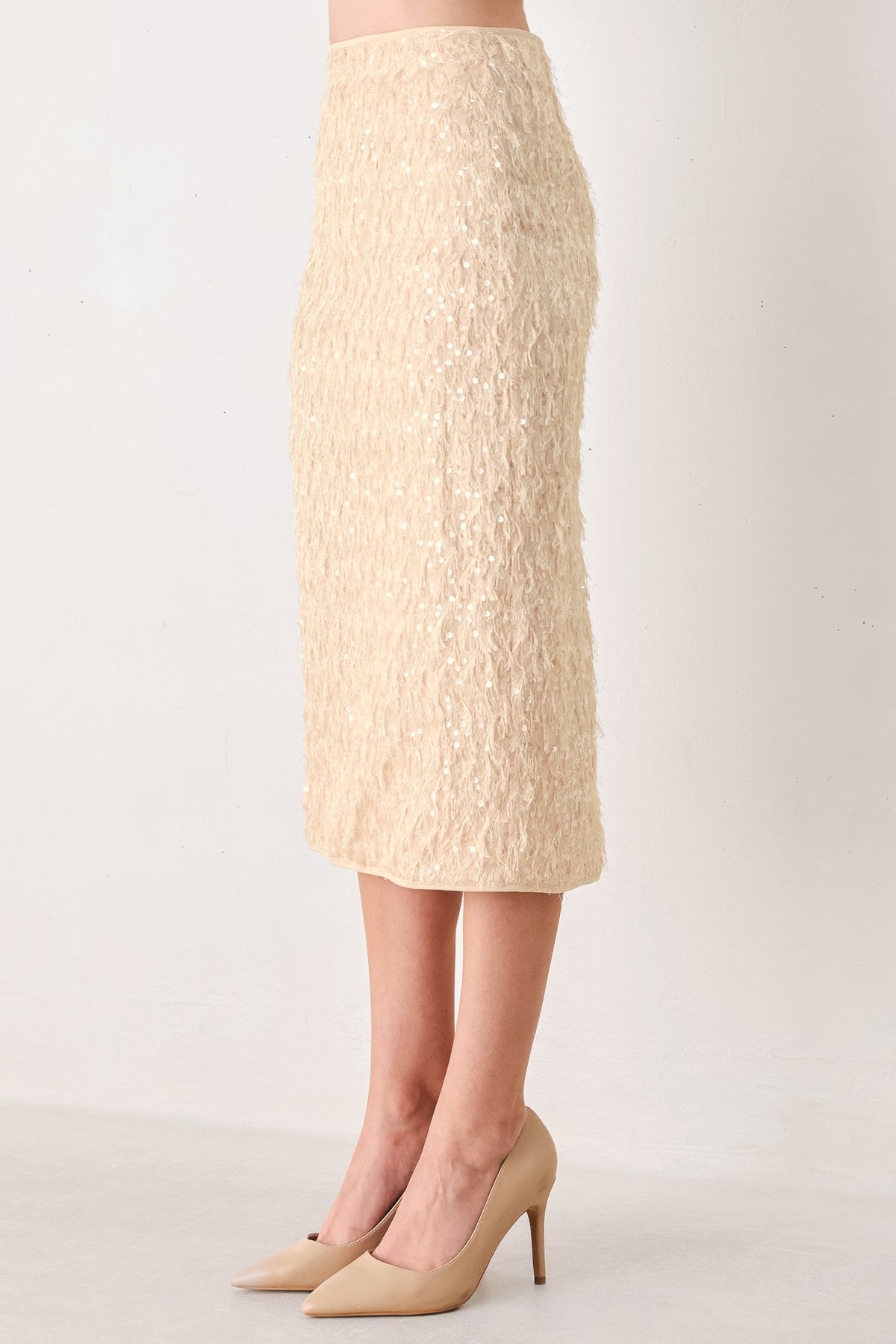 CHAMPAGNE WHISPER SEQUIN EYELASH MESH PENCIL SKIRT