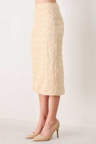 CHAMPAGNE WHISPER SEQUIN EYELASH MESH PENCIL SKIRT