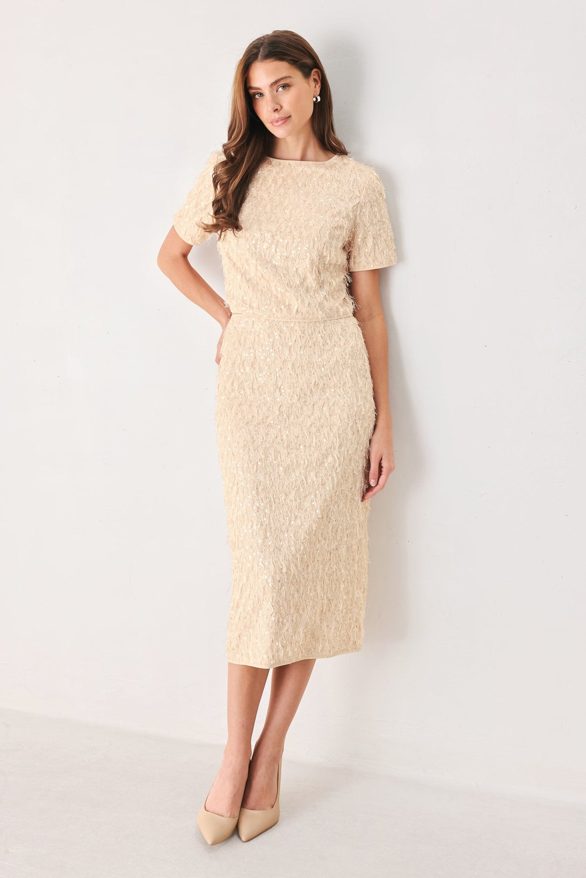 CHAMPAGNE WHISPER SEQUIN EYELASH MESH PENCIL SKIRT