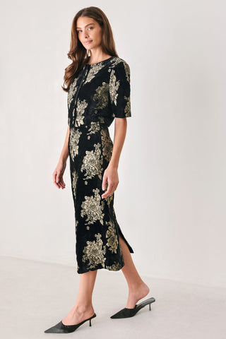 GILDED VELVET BLACK/GOLD JACQUARD MIDI SKIRT