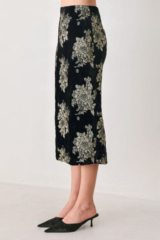 GILDED VELVET BLACK/GOLD JACQUARD MIDI SKIRT