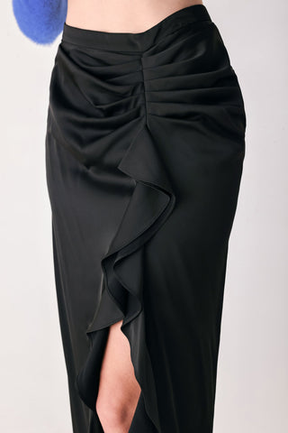 NOIR CASCADE BLACK ASYMMETRICAL RUFFLE MIDI SKIRT
