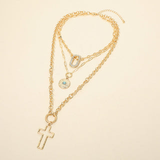 Cross Stone Center Disc Rhinestone Pave Open Oval Pendant Accent Layered Statement Necklace