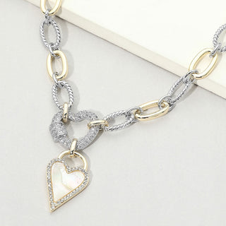 Two Tone 14K Gold Plated CZ Pave Heart Pendant Oval Link Statement Necklace