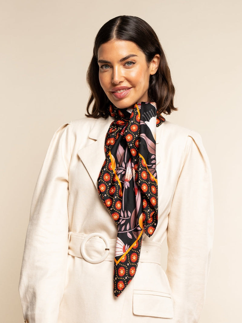 Bruna (black/orange)- Soft and lightweight Italian foulard from pure silk - Glamourous Grace