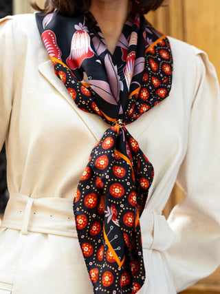Bruna (black/orange)- Soft and lightweight Italian foulard from pure silk - Glamourous Grace