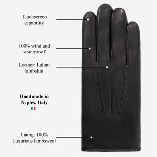 Aldo (black) - Italian lambskin leather gloves with lambswool lining & touchscreen feature - Glamourous Grace