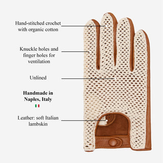 Arturo (cognac) - Hand-sewn Italian crochet driving gloves from lambskin leather - Glamourous Grace