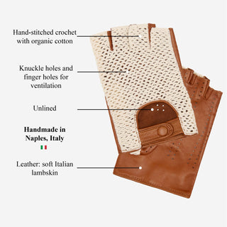 Dario (cognac) - Hand-sewn Italian crochet driving gloves from lambskin leather - Glamourous Grace