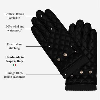 Luca (black) - Italian lambskin leather gloves with cashmere lining and checkered pattern - Glamourous Grace