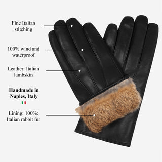Marco (black) - Italian lambskin leather gloves with brown rabbit fur lining - Glamourous Grace