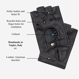 Vincenzo (black) - Fingerless Italian driving gloves made of American deerskin leather - Glamourous Grace