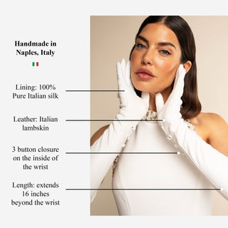Angelina (white) - Italian silk lined 16-button length leather bridal / opera gloves - Glamourous Grace