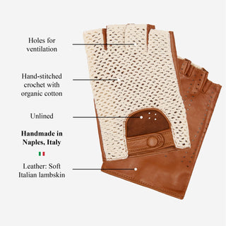 Daniella (cognac) - Hand-sewn Italian crochet driving gloves from lambskin leather - Glamourous Grace