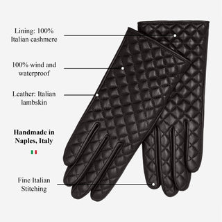 Emilia (black) - Classic Italian lambskin leather gloves with cashmere lining and checkered pattern - Glamourous Grace