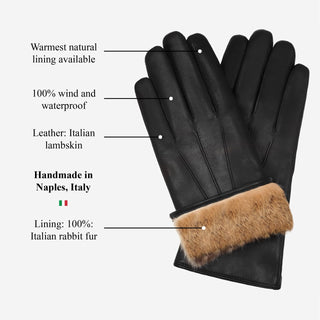 Francesca (black) - Italian lambskin leather gloves with brown rabbit fur lining - Glamourous Grace