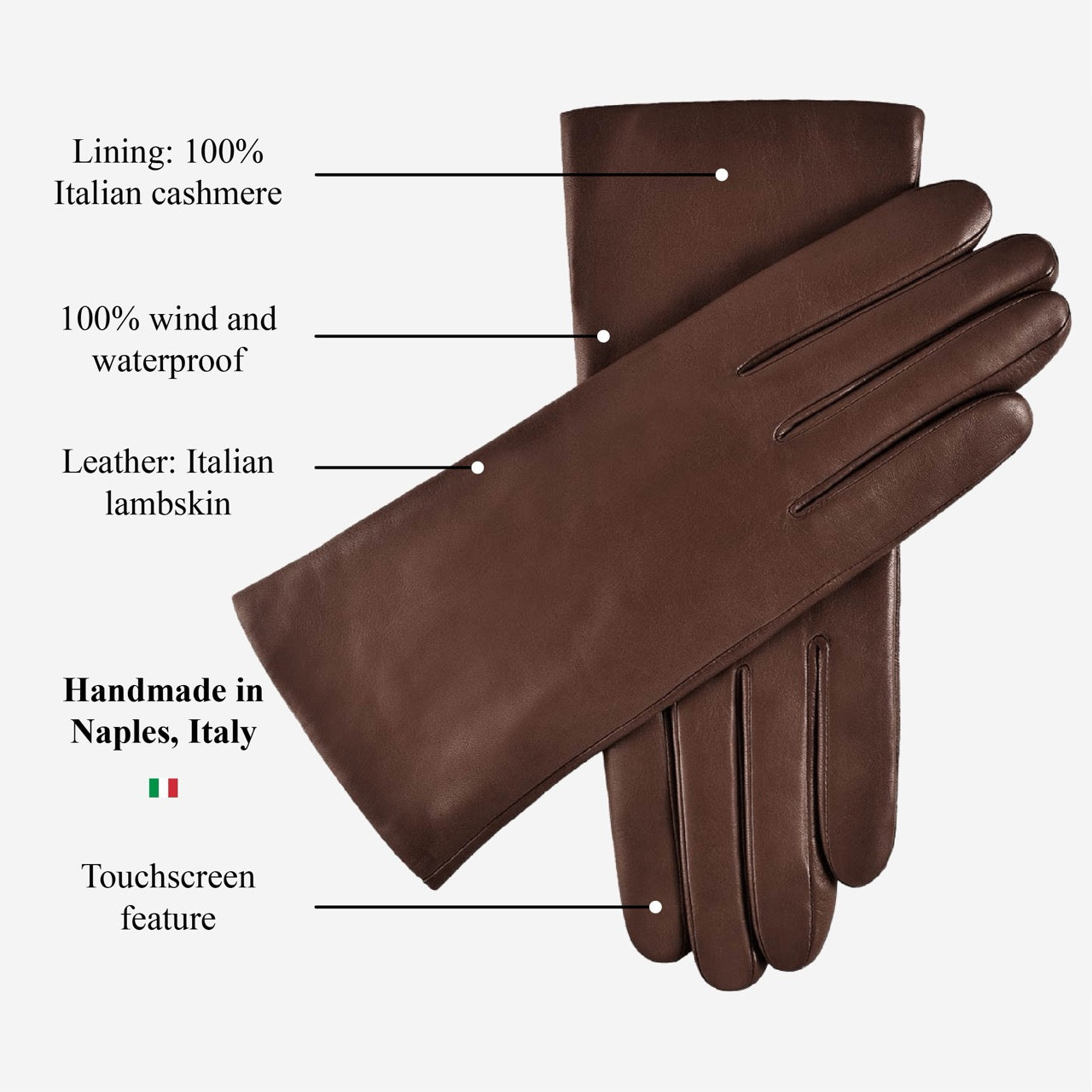 Isabella (brown) - Italian lambskin leather gloves with cashmere lining & touchscreen feature - Glamourous Grace