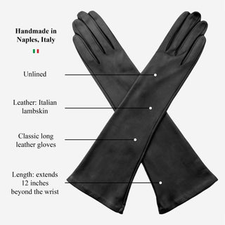 Lucia (black) - Italian unlined 12-button length leather opera gloves - Glamourous Grace