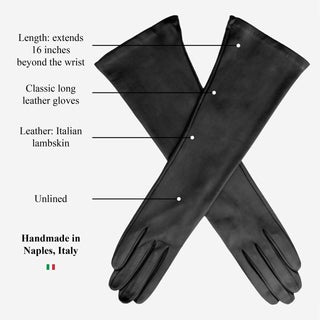 Lucia (black) - Italian unlined 16-button length leather opera gloves - Glamourous Grace