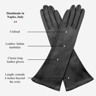 Lucia (black) - Italian unlined 6-button length leather opera gloves - Glamourous Grace