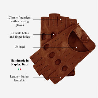 Rossana (cognac) - Italian fingerless lambskin leather driving gloves - Glamourous Grace
