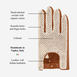 Valeria (cognac) - Hand-sewn Italian crochet driving gloves from lambskin leather - Glamourous Grace