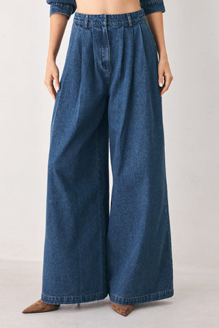 BLUE ECHO PLEATED DENIM WIDE LEG PANTS
