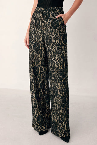 LACE THEORY BLACK/CAMEL LACE WIDE-LEG PANTS
