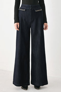 AFTER HOURS INDIGO CHAIN-TRIM WIDE-LEG JEANS