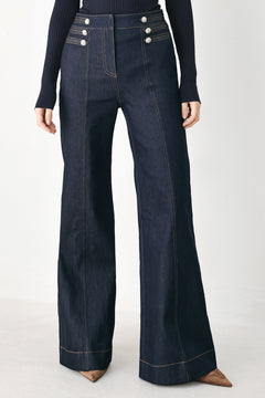 INDIGO IMPRESSION BUTTON DETAIL FLARE JEANS