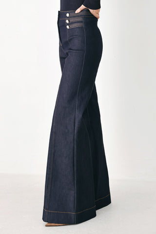 INDIGO IMPRESSION BUTTON DETAIL FLARE JEANS