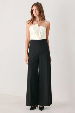TUXEDO HOUR BLACK/CREAM STRAPLESS WIDE-LEG JUMPSUIT
