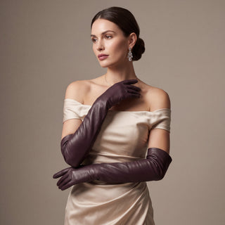 FS01W (brown) - Italian cashmere lined opera length leather gloves - Glamourous Grace
