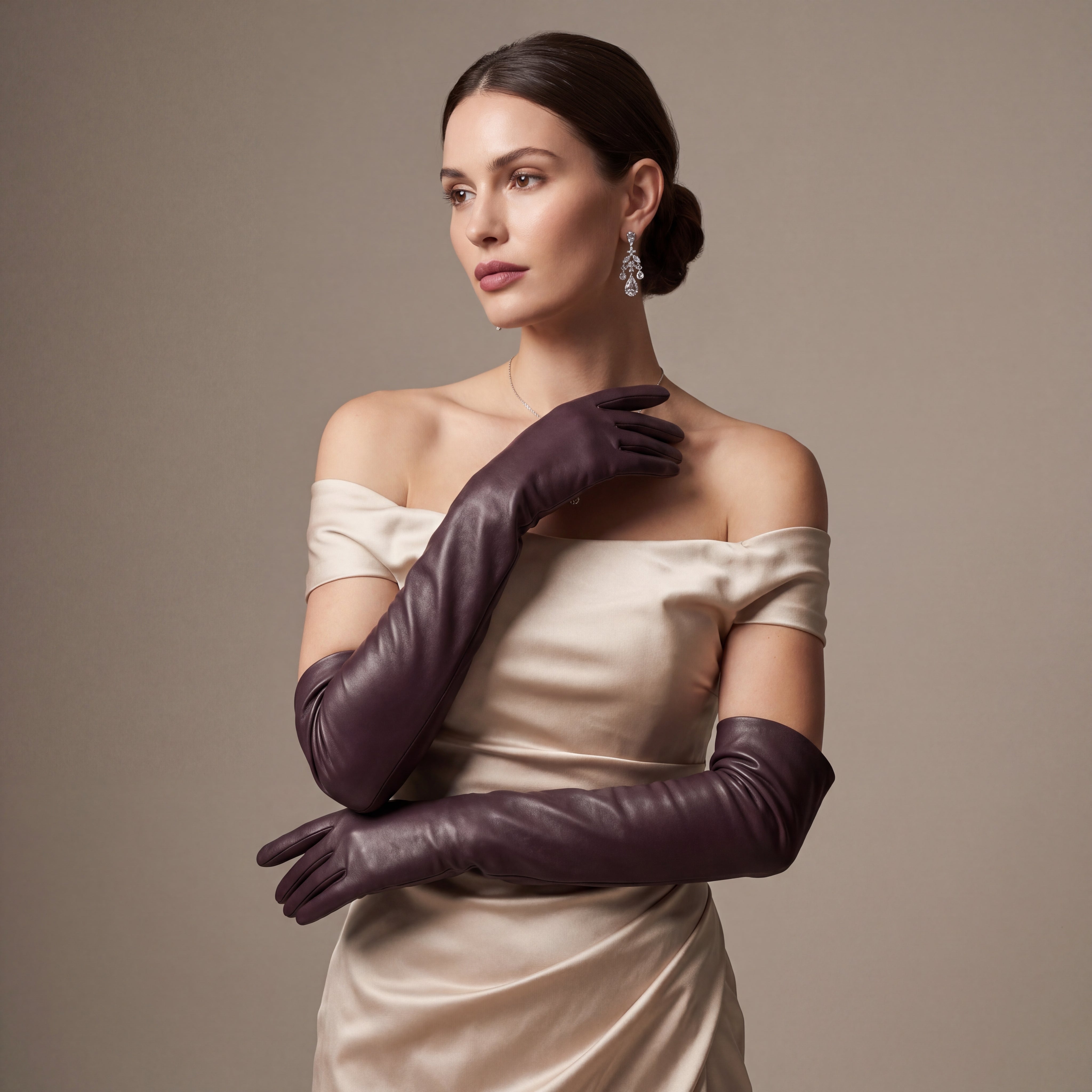 FS01W (brown) - Italian cashmere lined opera length leather gloves - Glamourous Grace