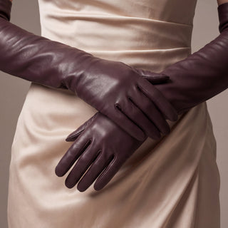 FS01W (brown) - Italian cashmere lined opera length leather gloves - Glamourous Grace