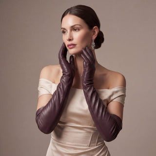 FS01W (brown) - Italian cashmere lined opera length leather gloves - Glamourous Grace